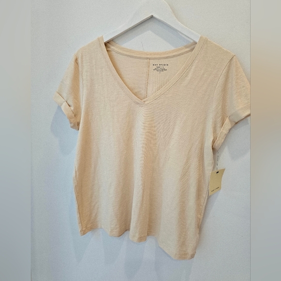 Max Studi Tan Beige Cream V-Neck Tee Short Sleeve Size L - Picture 2 of 4